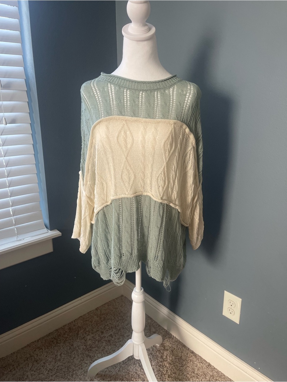 Easel Sage Green Colorblock Cable Knit Distressed Hem Sweater Small